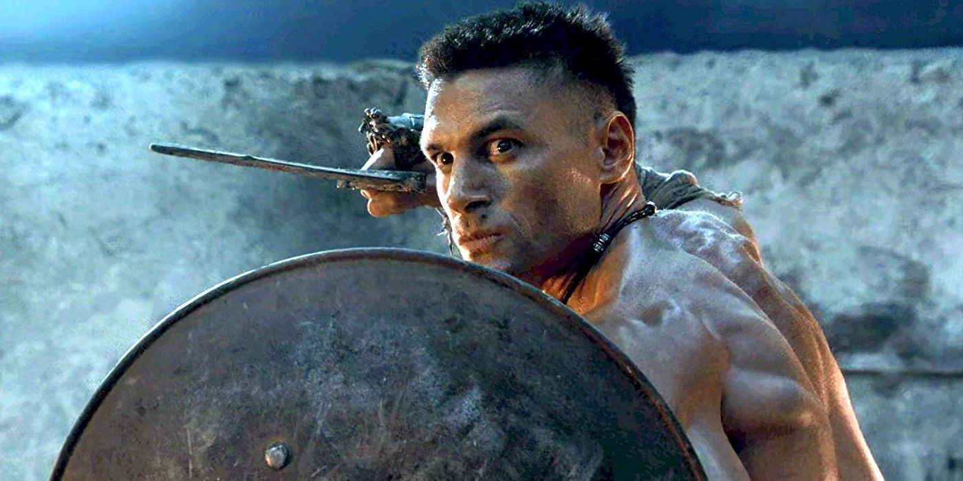 Crixus with sword and shield in Spartacus