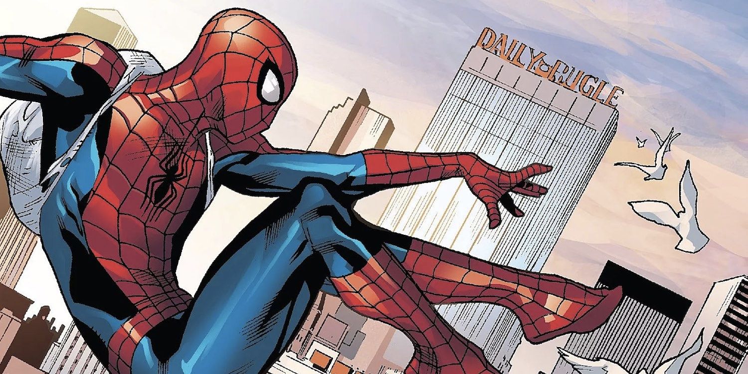 Spider-Man swings in front of the Daily Bugle building in Marvel comics