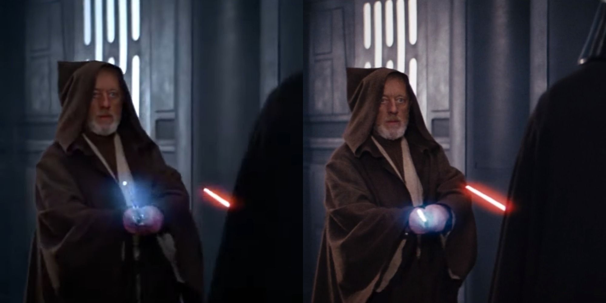 Split image of Obi-Wan Kenobi fighting Darth Vader in Star Wars A New Hope