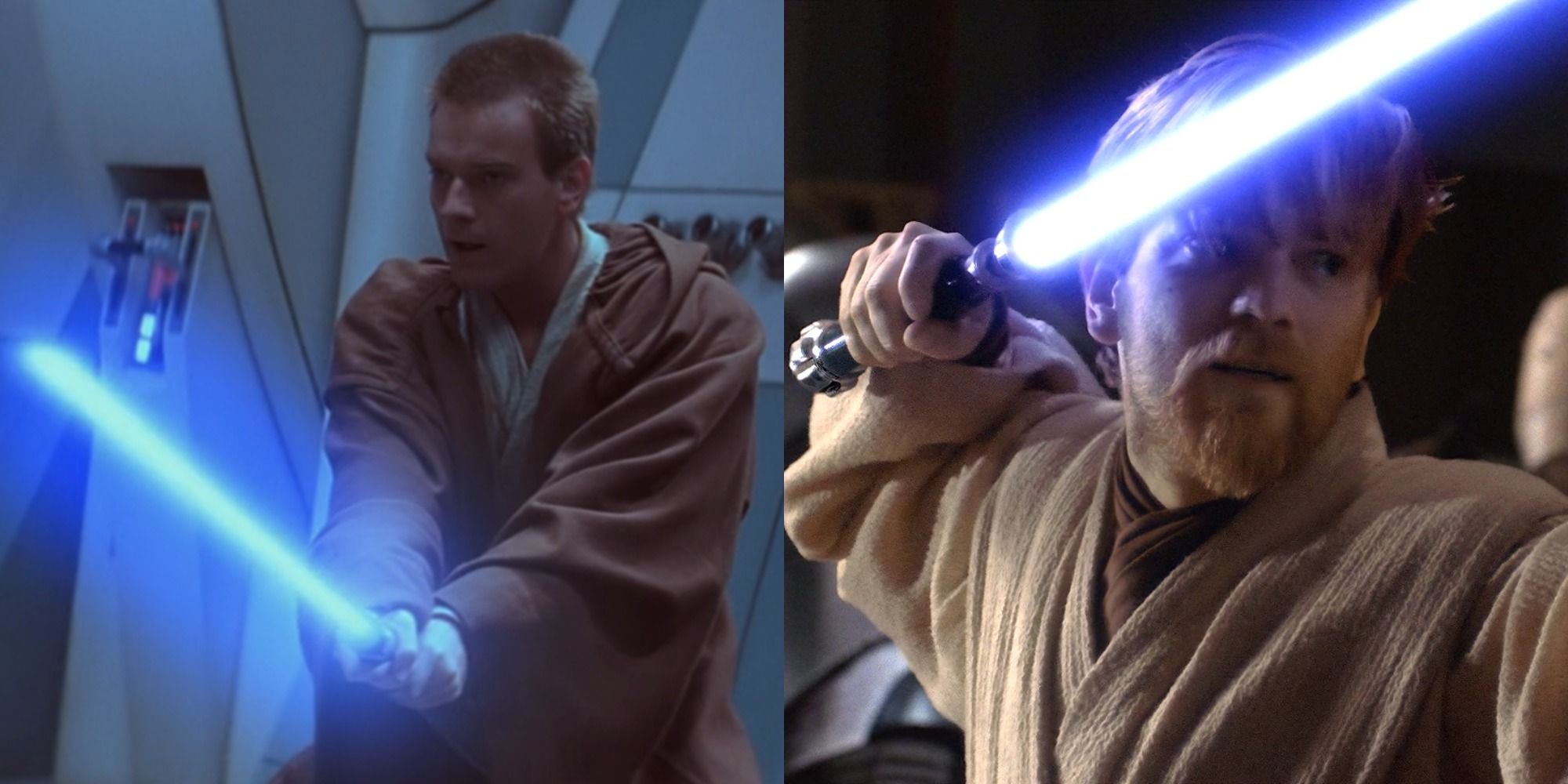 Split image of Obi-Wan Kenobi wielding a lightsaber in The Phantom Menace and Revenge Of The Sith