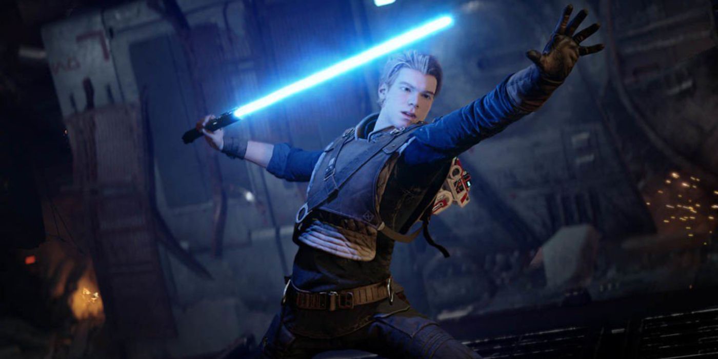 Cal Kestis wielding his lightsaber in Jedi: Fallen Order.