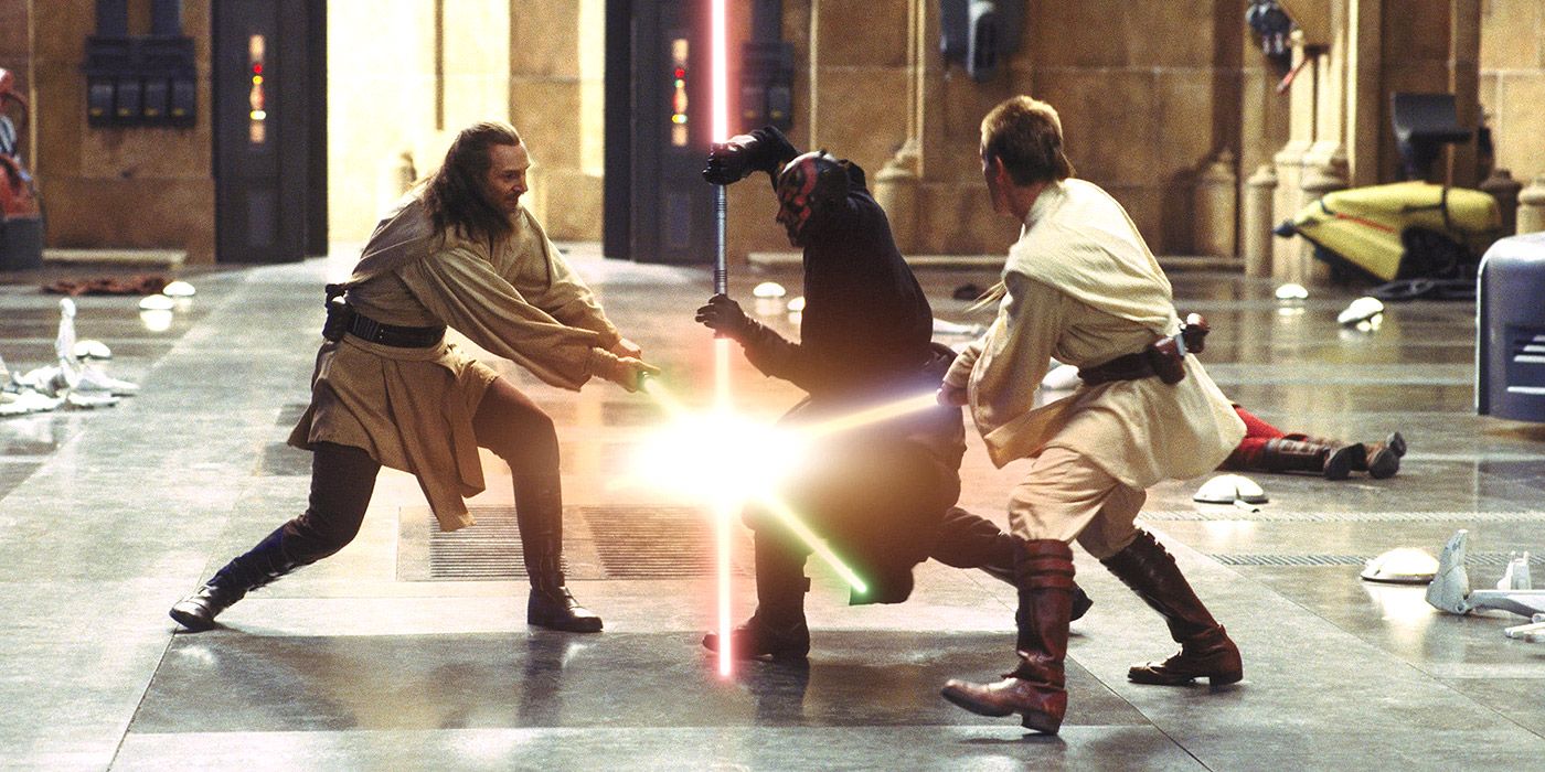 Qui-Gon Jinn and Obi-Wan Kenobi duel Darth Maul in Star Wars: The Phantom Menace