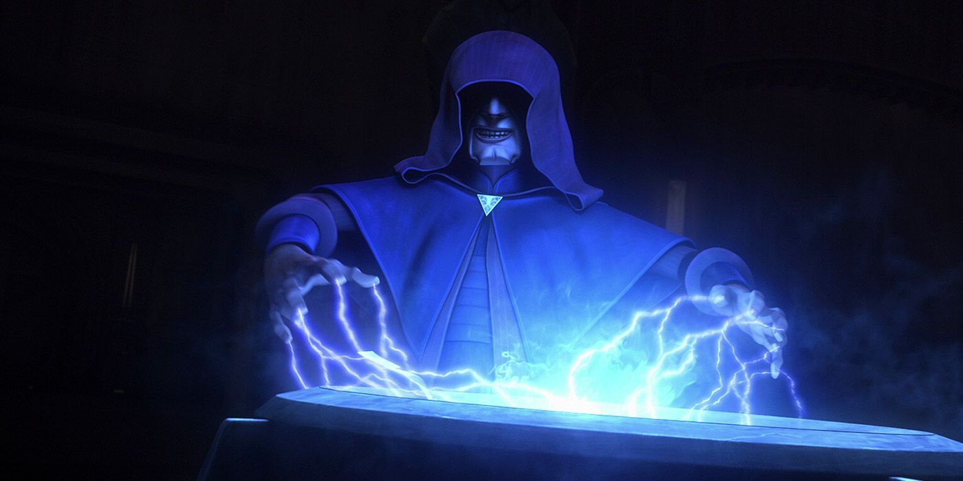 Darth Sidious demonstrando sua técnica de relâmpago da Força em Star Wars: The Clone Wars