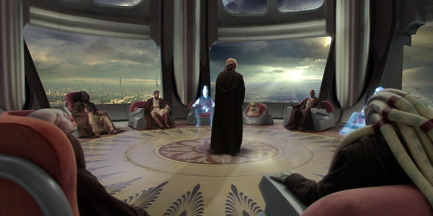 Anakin Skywalker stands before the Jedi Council in Star Wars: Revenge of the Sith