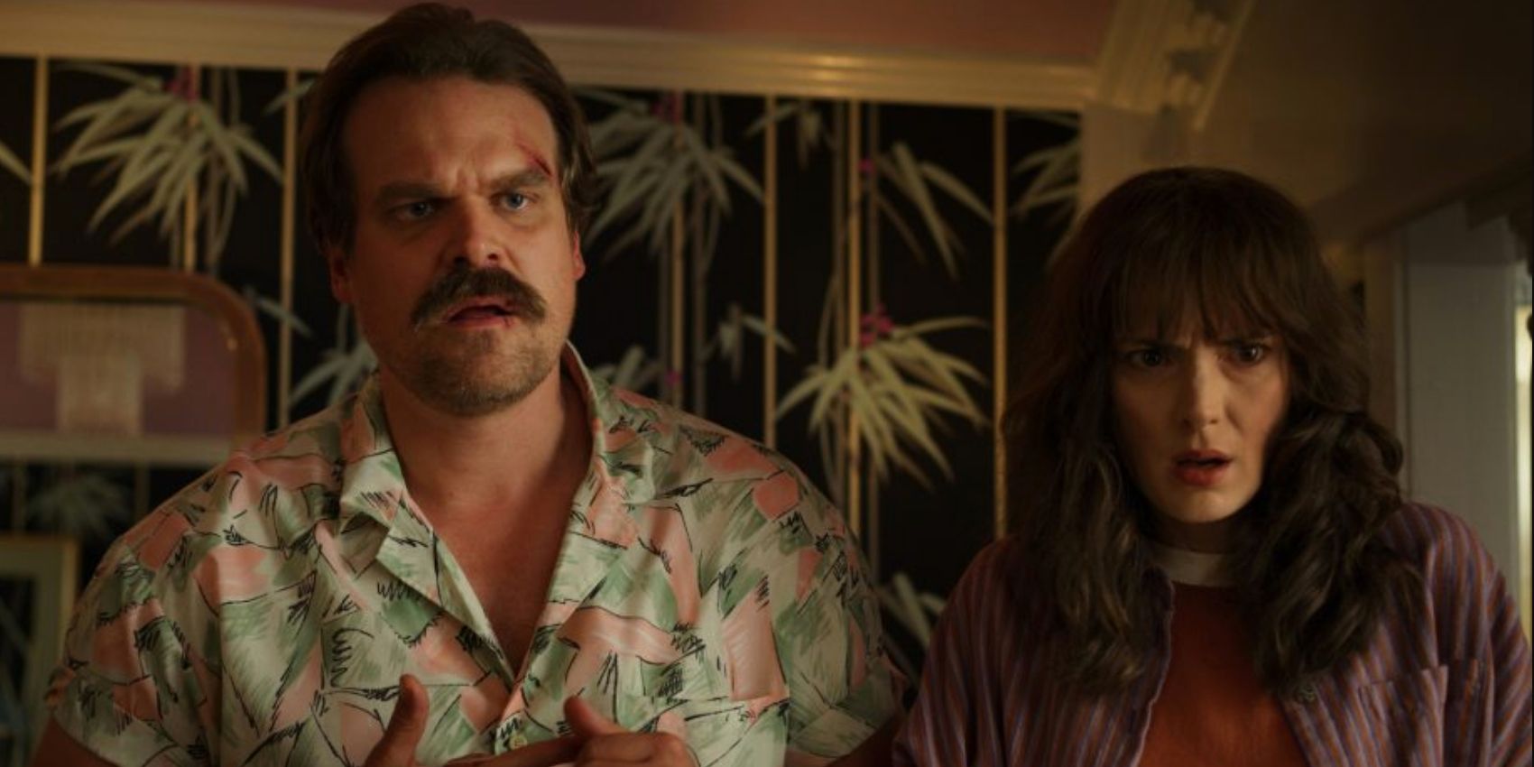 Joyce (Winona Ryder) and Hopper (David Harbour) looking surprised in Stranger Things