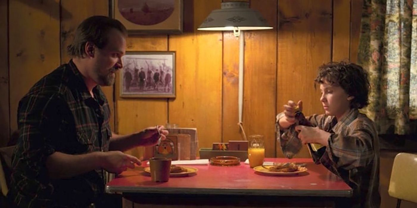 Hopper and Eleven eating a meal together