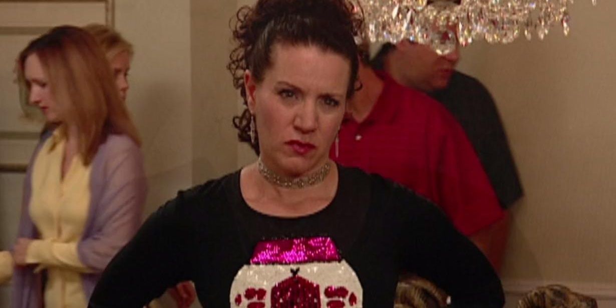 Susie wears an unflattering sweater that she made in Curb Your Enthusiasm