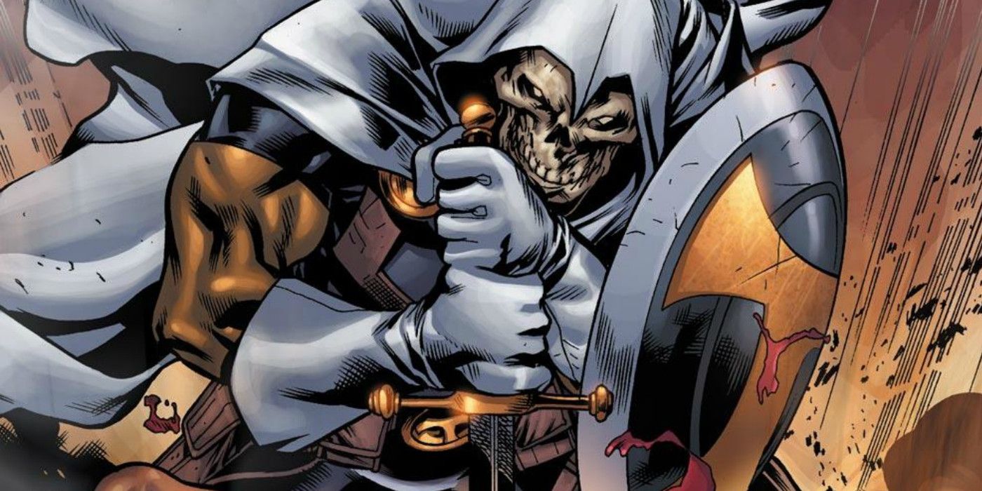 Taskmaster protecting himself behind a shield in Marvel comics
