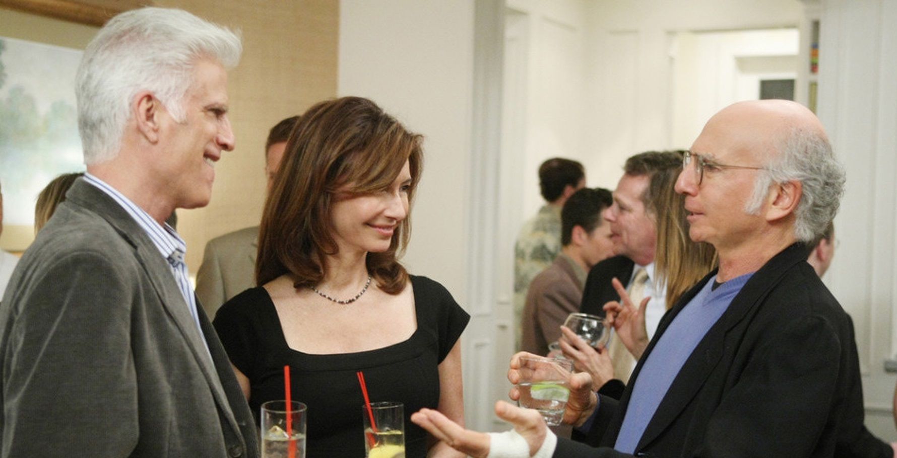 Ted, Mary, and Larry at the anniversary party in Curb Your Enthusiasm