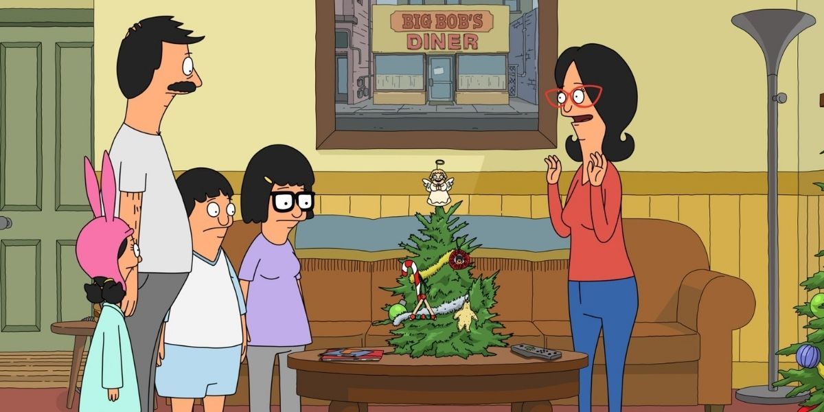 Linda showing off her small Christmas tree to her family in Bob&rsquo;s Burgers