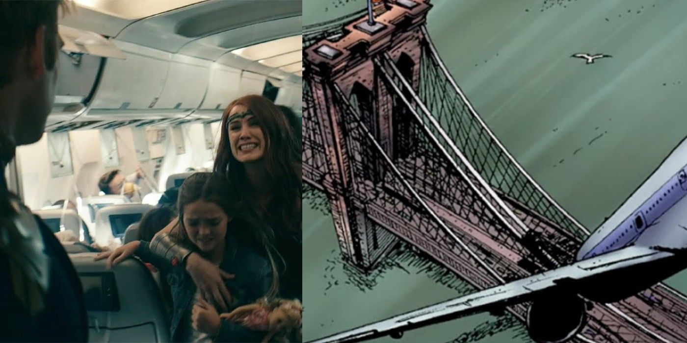 Side by side images of the plane disaster in the The Biys show and comics