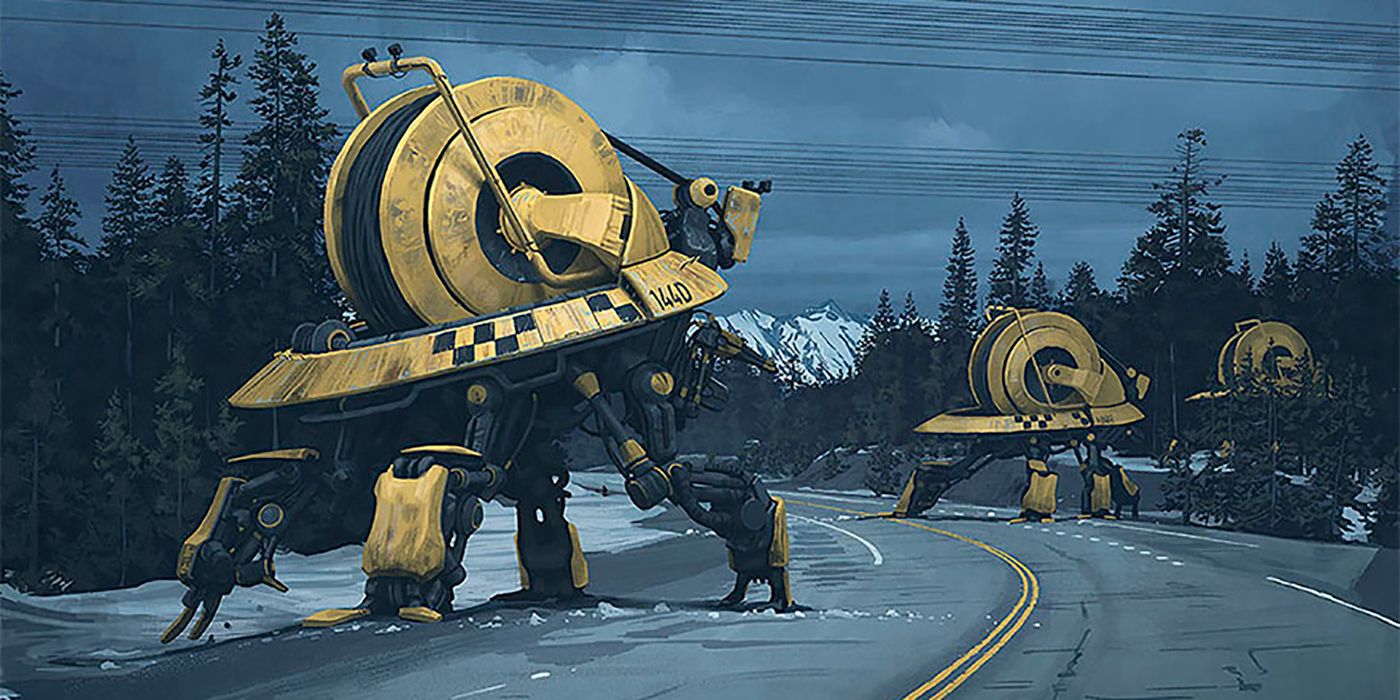 Yellow robots from the comic book of The Electric State.