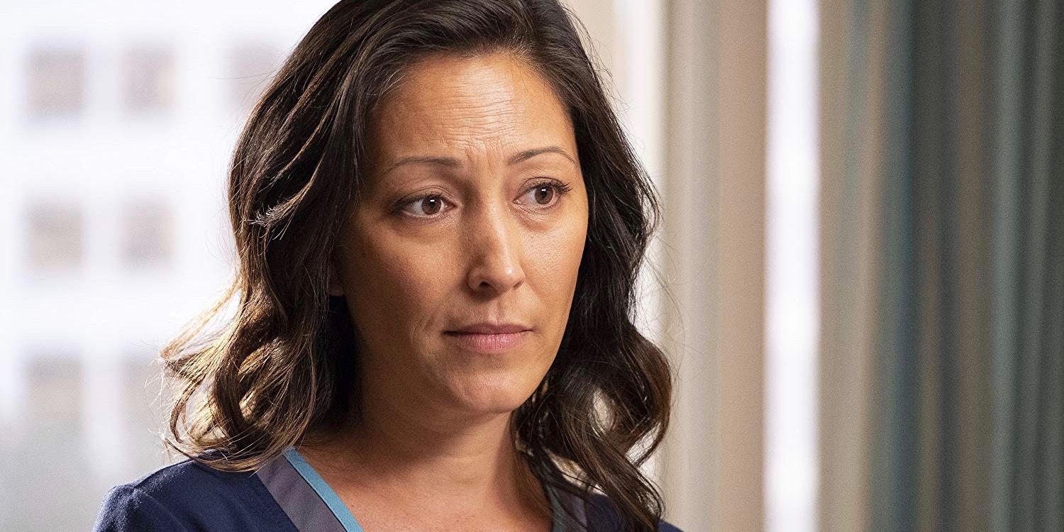 Dr. Audrey Lim looking worried and wearing scrubs in The Good Doctor.