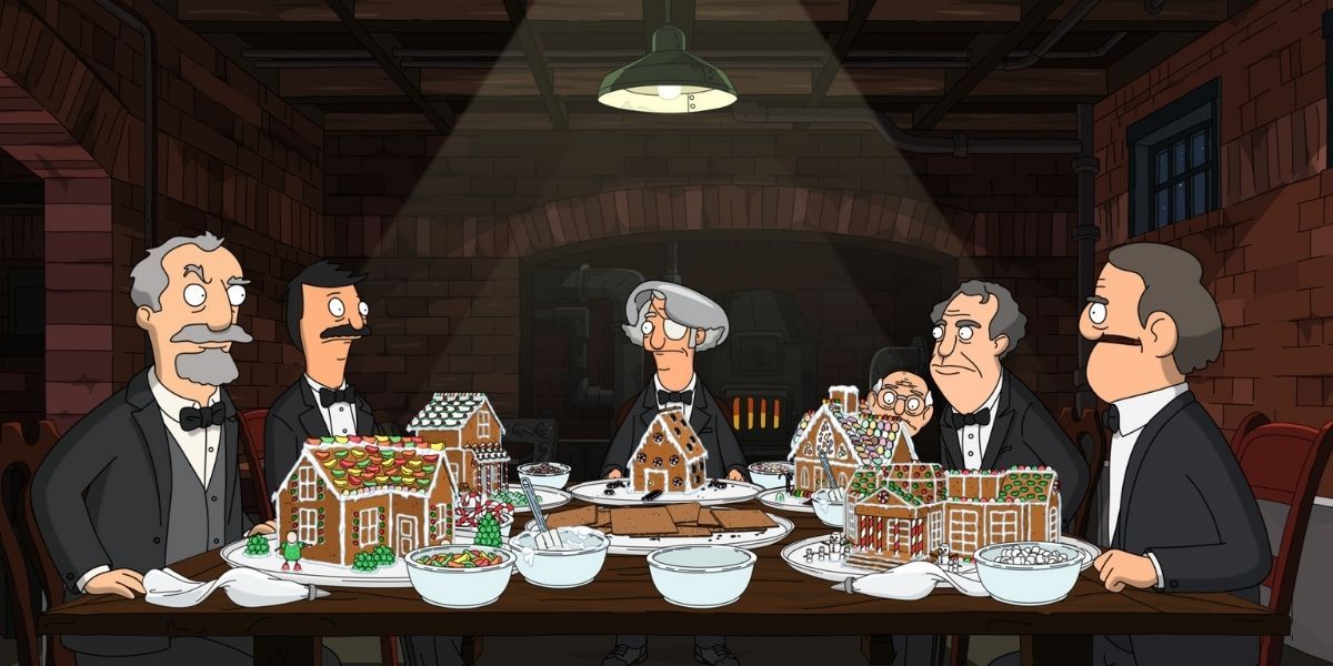 Bob, Mr. Fischoeder and his friends building gingerbread houses in Bob&rsquo;s Burgers