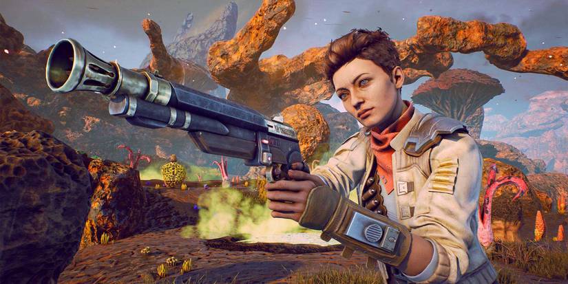 Marilyn Fenhill from The Outer Worlds holding a pistol surrounded by alien plant life. 