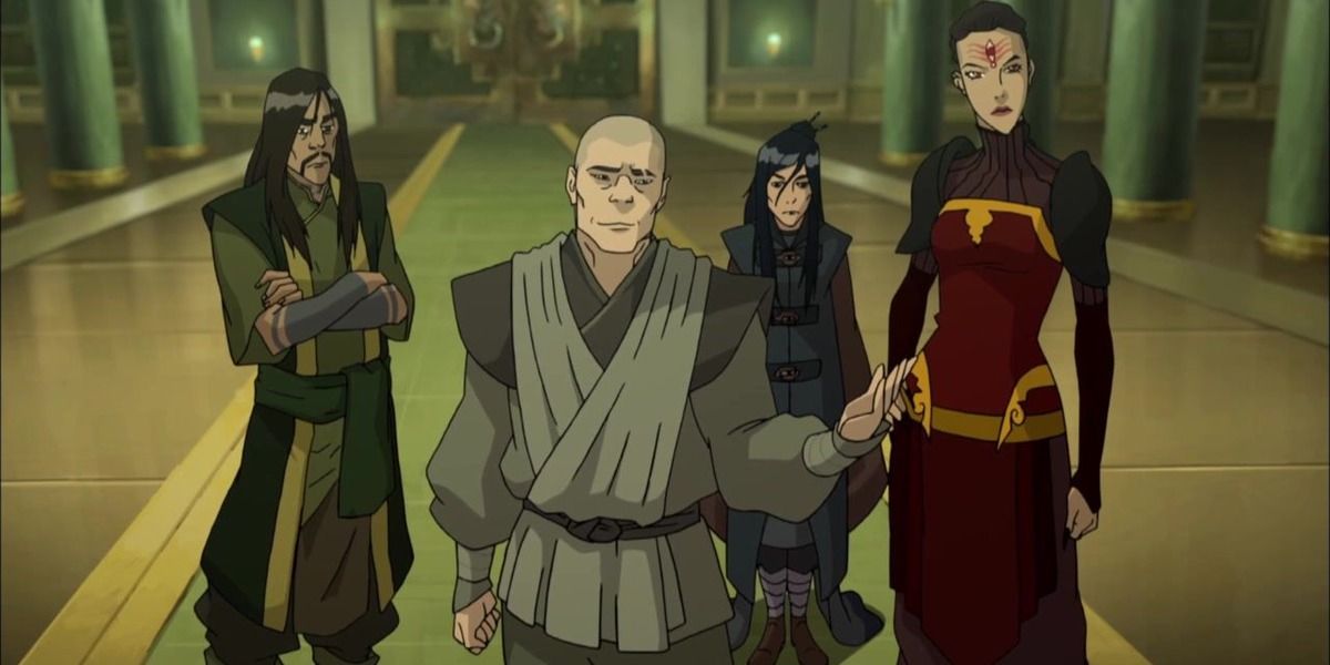 The Red Lotus organization, represented by 2 men and 2 women, look at the camera in Avatar The Last Airbender.
