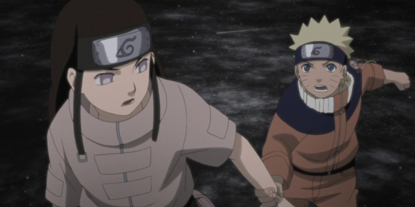 Naruto grabs Neji's arm in Naruto Shippuden