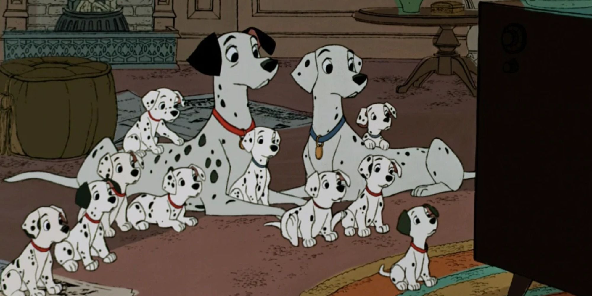 The dogs all watching TV in 101 Dalmatians