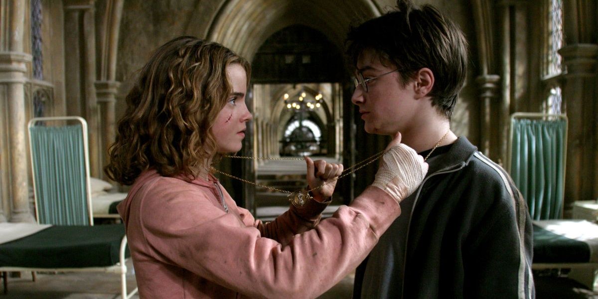 Hermione using the time turner with harry in Harry Potter