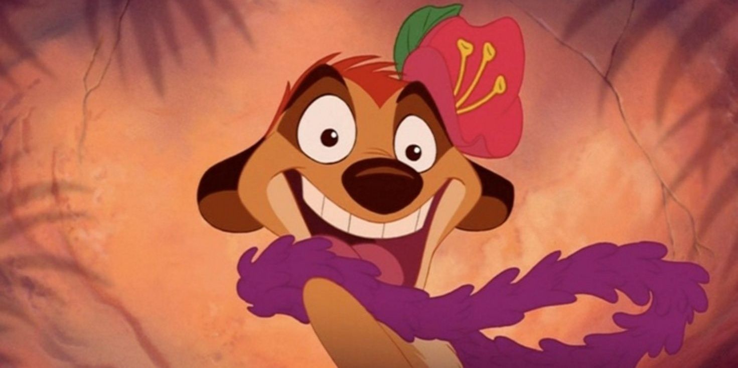 Timon dressed in drag and doing the hula