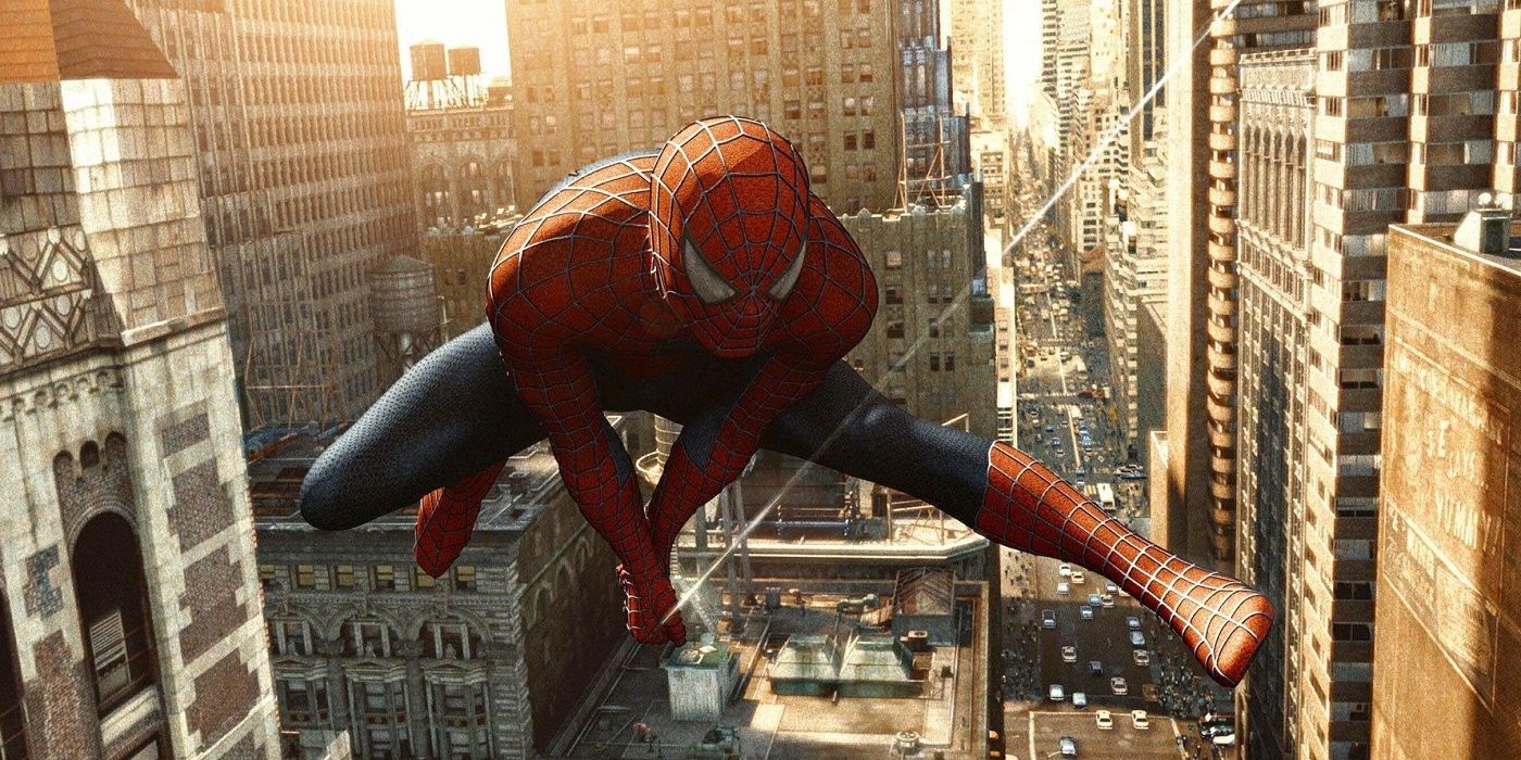 Peter Parker swings through the city in Spider-Man 2