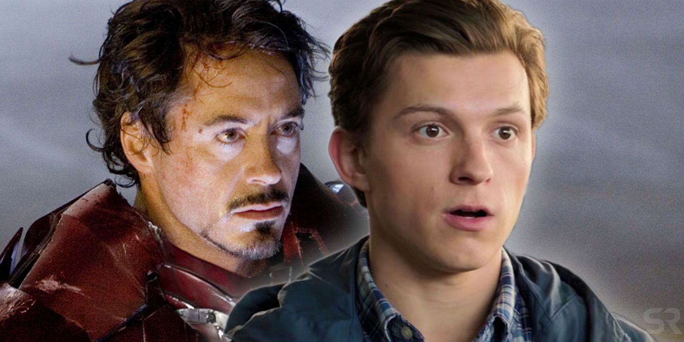 Tom Holland as Peter Parker and Robert Downey Jr as Iron Man