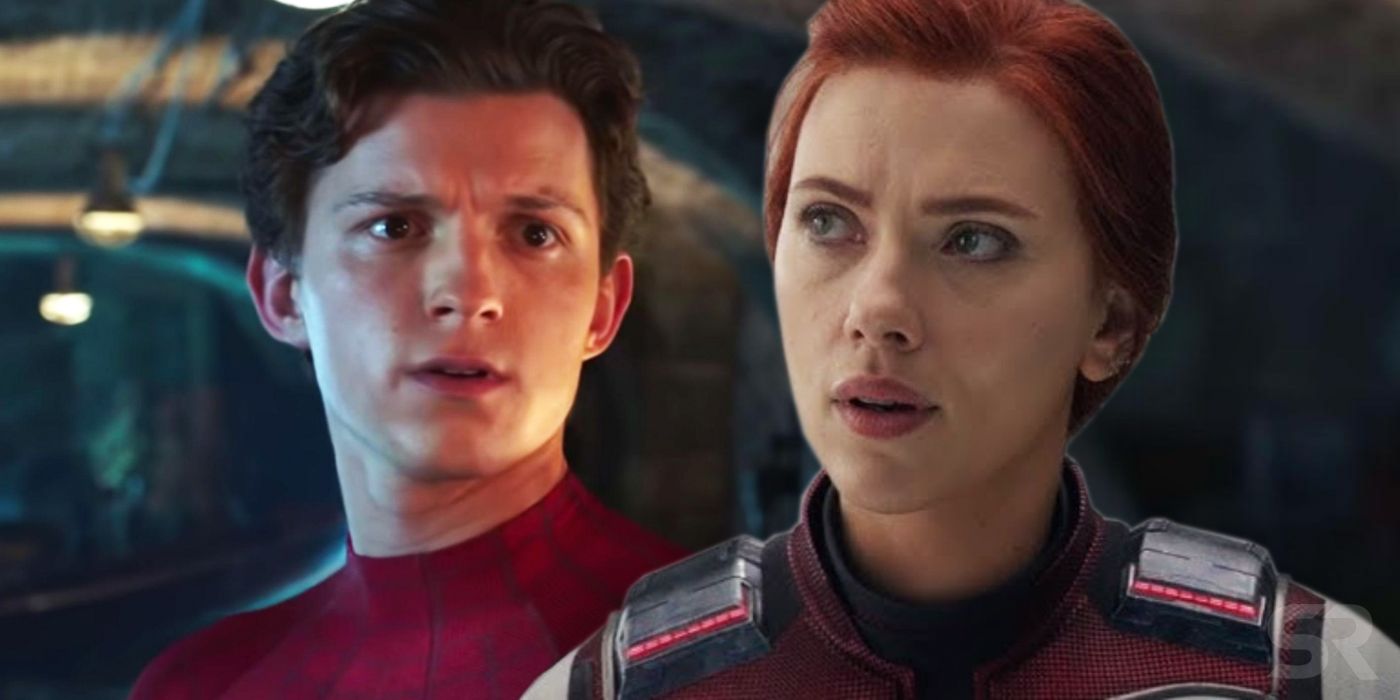 Tom Holland as Spider-Man in Far From Home and Scarlett Johansson as Black Widow in Avengers Endgame