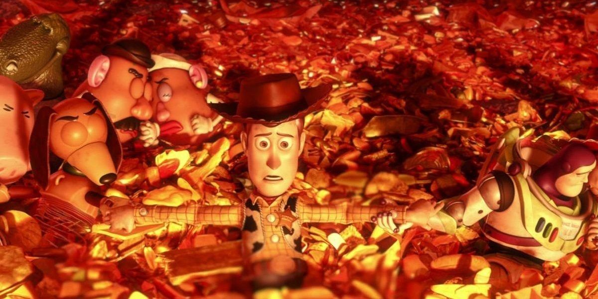 The Toys accepting their fate in the incinerator in Toy Story 3.