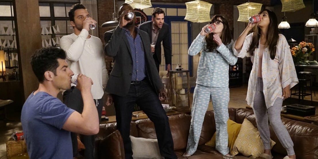Sam stands behind Schmidt, Nick, Winston, Jess, and Cece as Jess plays a game of True American to avoid him in New Girl