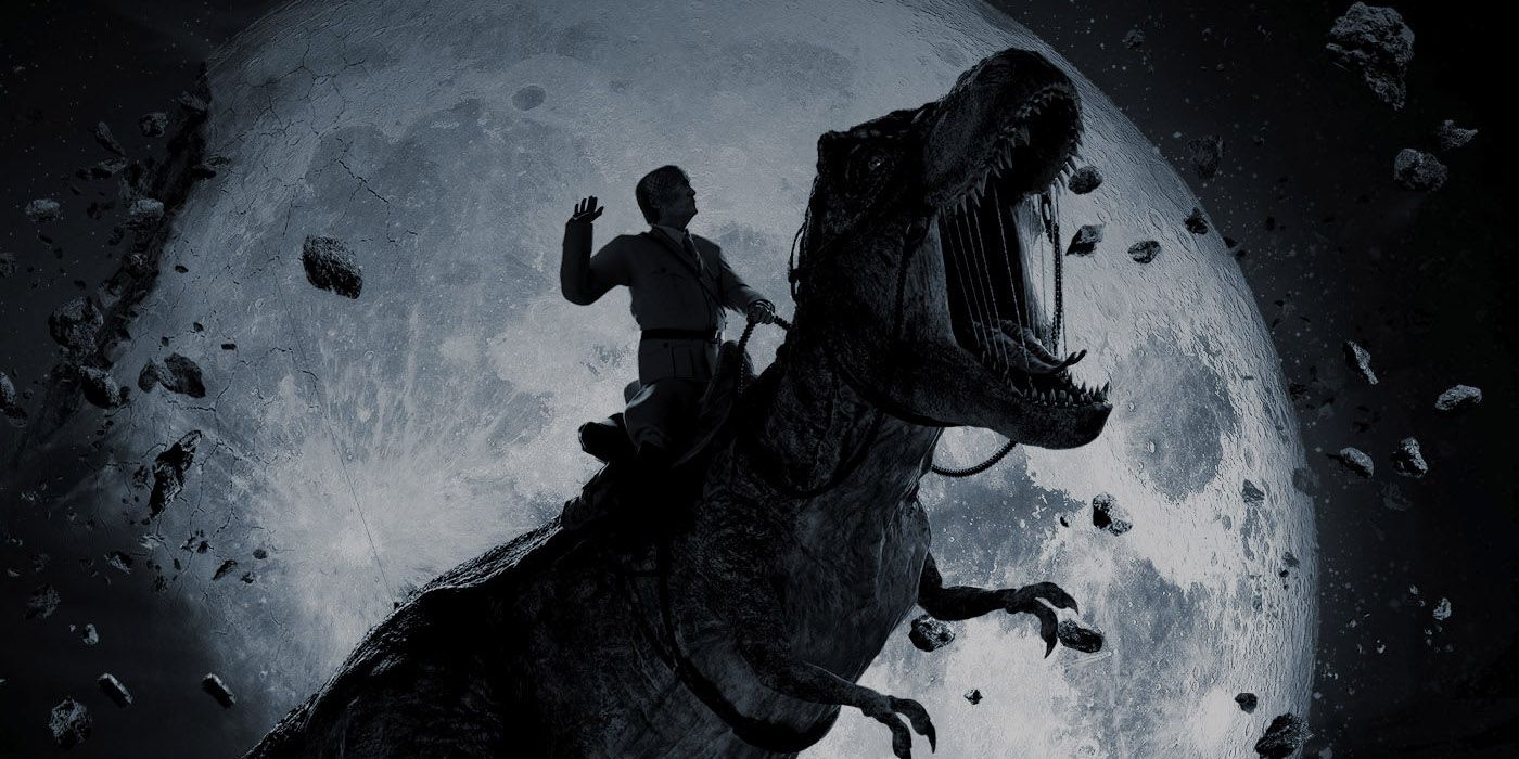 Udo Kier on a T Rex in Iron Sky The Coming Race