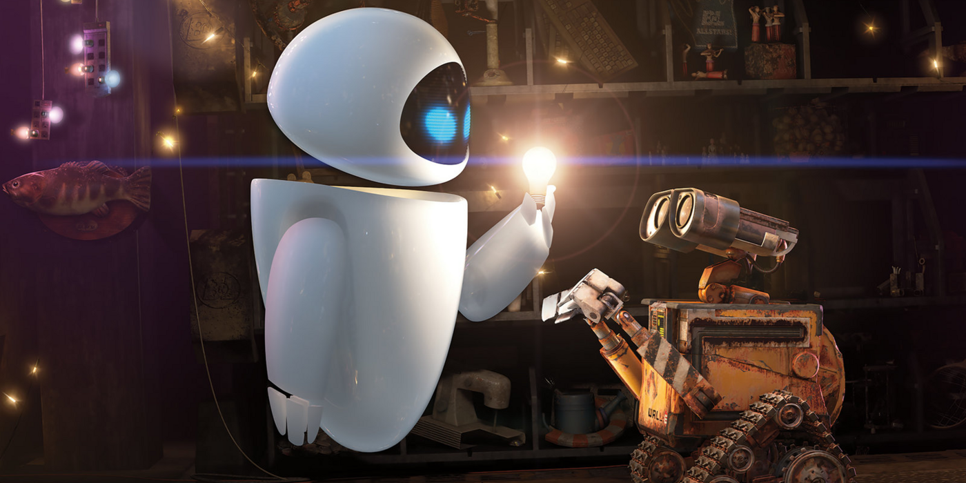 Wall-E image with robot holding a lightbulb.