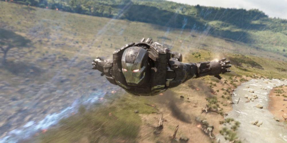 War Machine flying by the barrier in Wakanda during the final battle in Avengers Infinity War