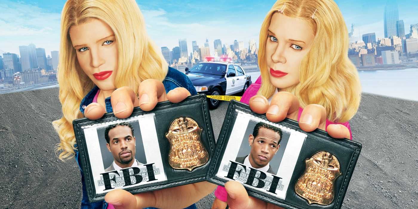 In an image from the White Chicks movie poster Marlon and Shawn Wayans are in disguise in their white women personas while flashing FBI badges with their real pictures
