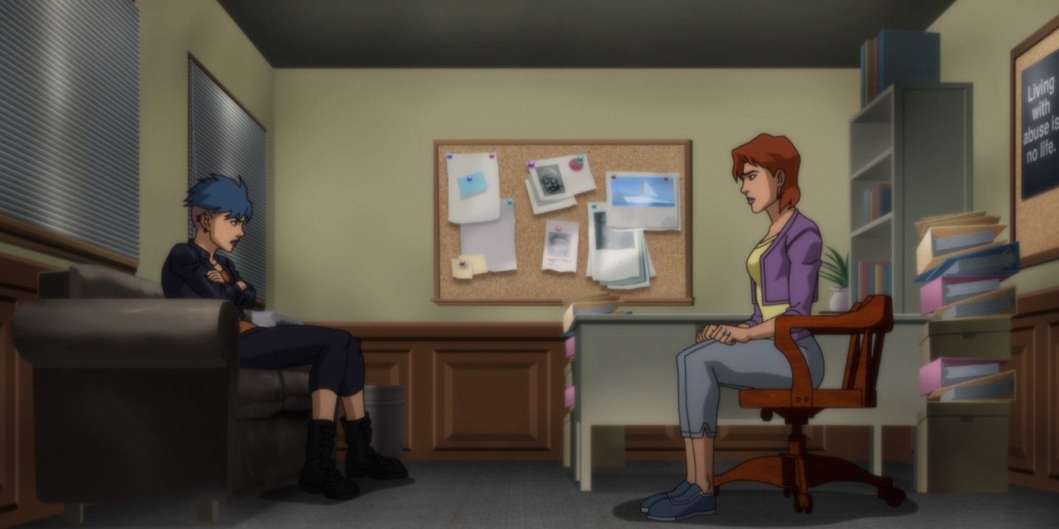 Young Justice Harper Row and Megan Morse counseling session