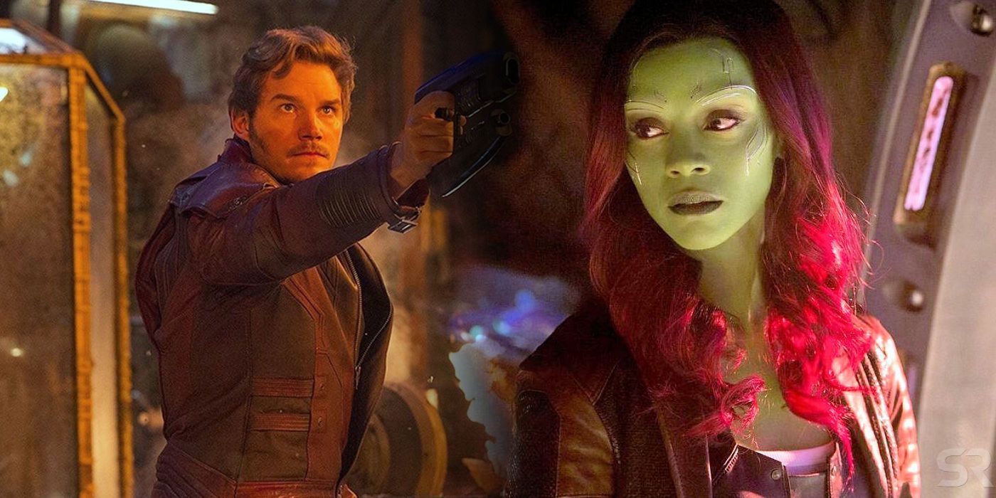 Zoe Saldana as Gamora and Chris Pratt as Star Lord