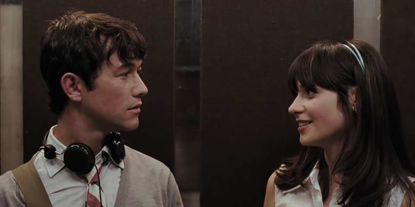 Summer and Tom in 500 Days of Summer looking at each other lovingly.