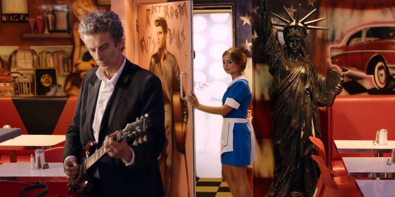 Clara lloking at the Doctor playing guitar in Doctor Who.