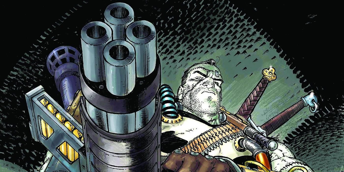 Franken-Castle holding a gun