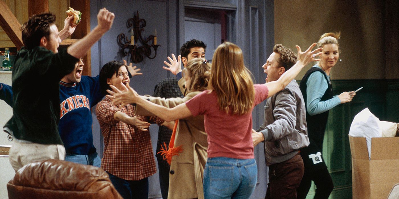 Todo mundo comemora a gravidez de Phoebe em Aquele dos Embriões em Amigos.