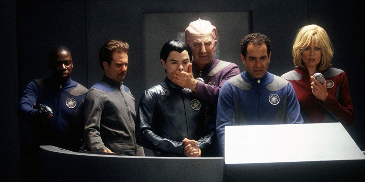The cast of Galaxy Quest on the bridge