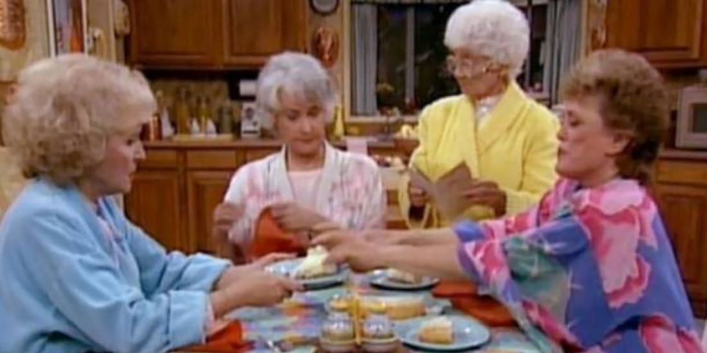 The Golden Girls eating cheesecake in the kitchen