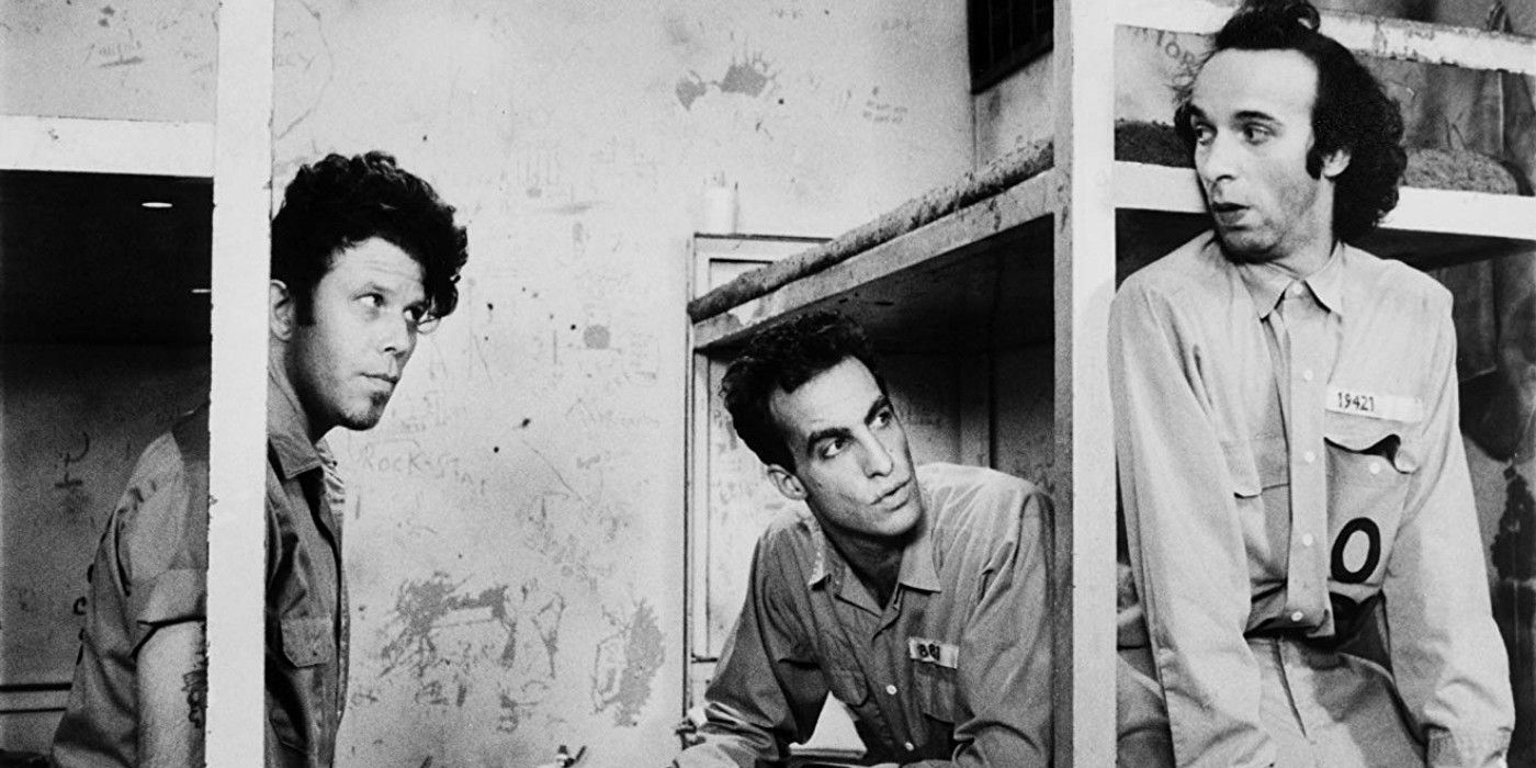 Tom Waits, John Lurie, and Roberto Benigni in a prison cell Down by Law