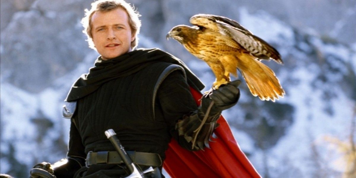 Rutger Hauer holds a hawk in Ladyhawke