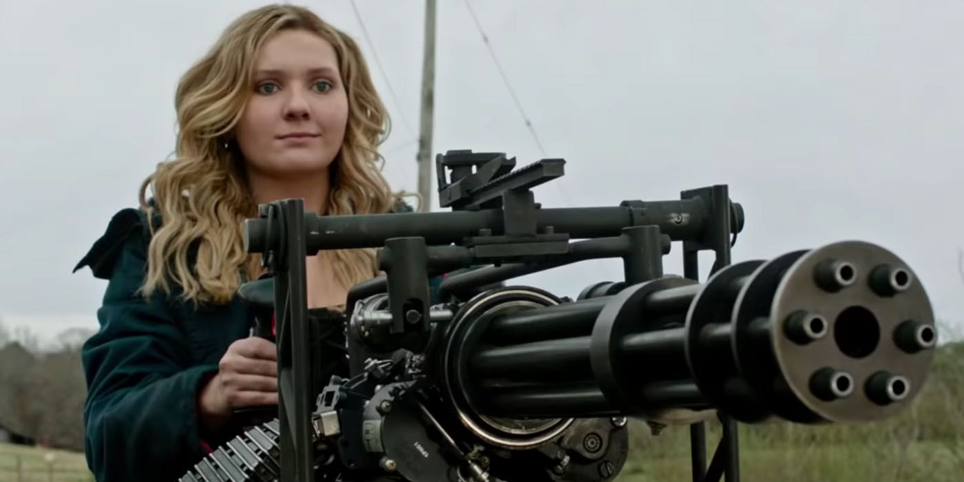 Little Rock using a giant machine gun in Zombieland 2