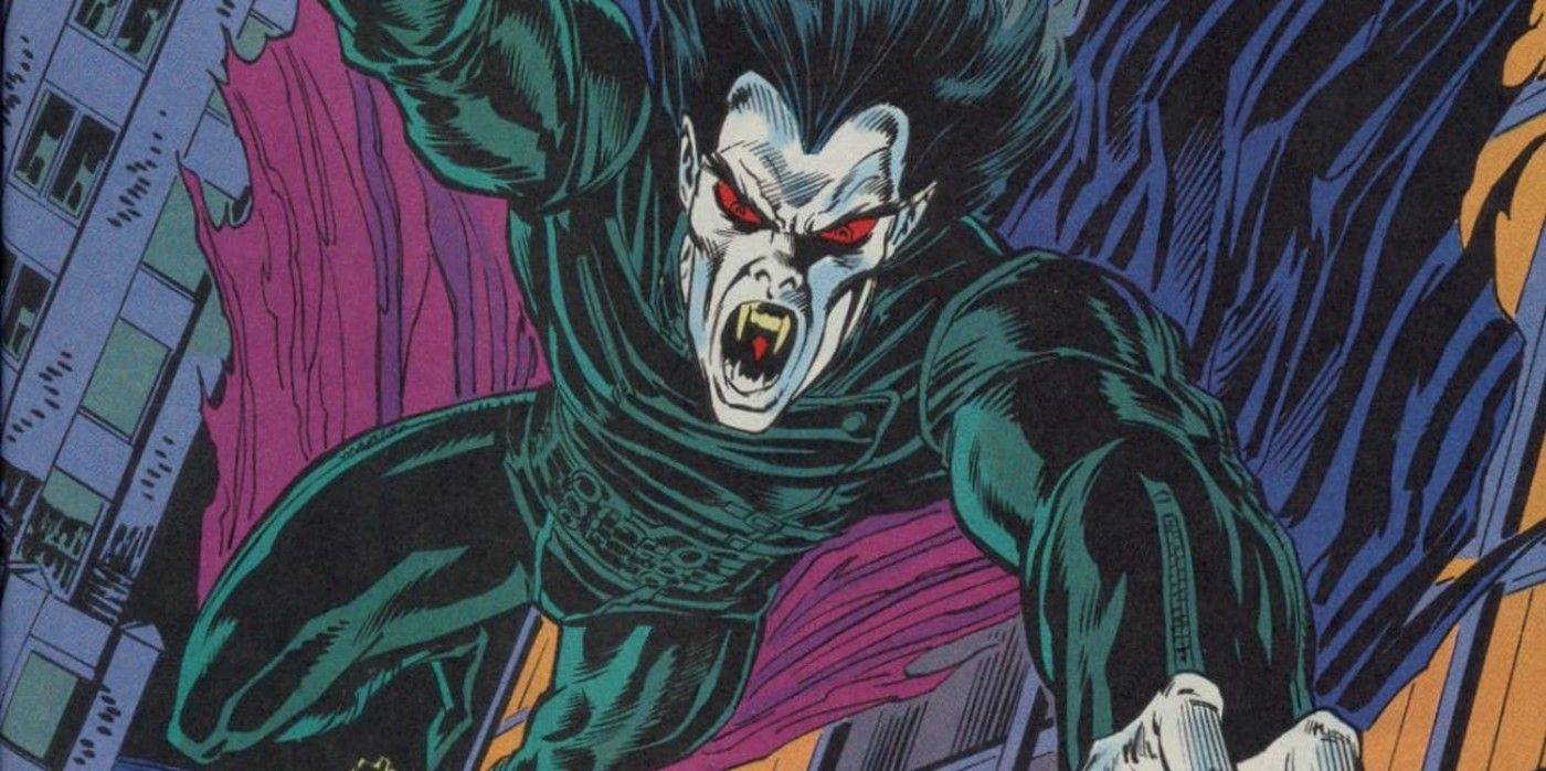 Morbius leaps to the viewer with fangs bared in Marvel Comics.