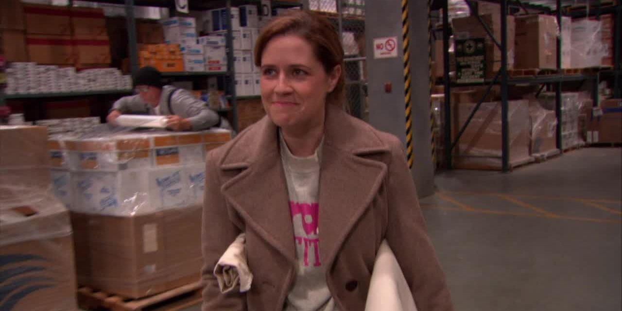 Pam walks through the warehouse in The Office