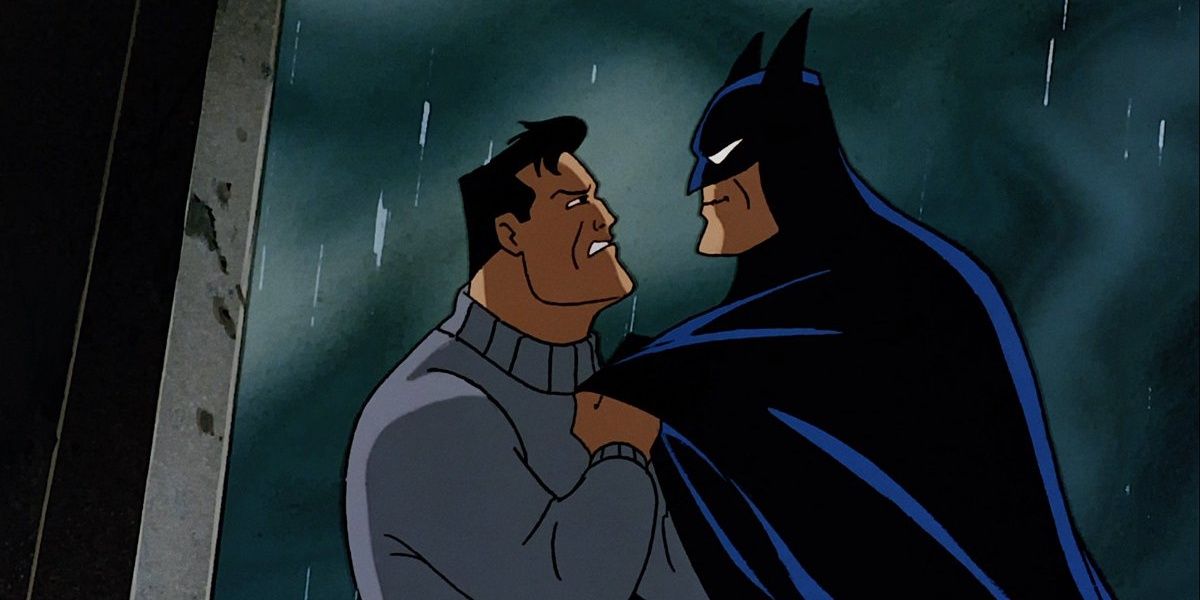 Bruce Wayne fighting Batman in the rain in Perchance To Dream of Batman The Animated Series