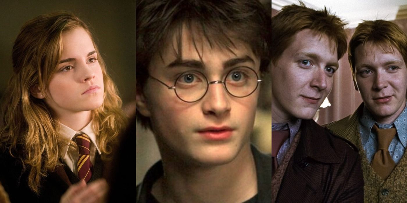 Hermione Granger, Harry Potter, and Fred and George Weasley from the Harry Potter universe.