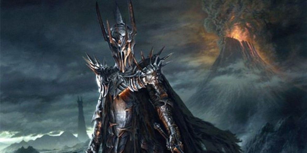 Sauron standing in front of Mt Doom
