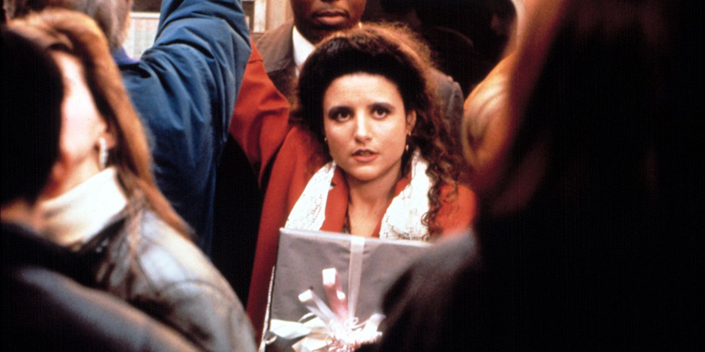 Elaine upset on a crowded subway train on Seinfeld